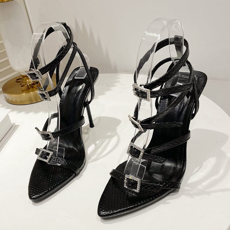 New Fashion Open Toe Thin High Heel 2023 Summer Gladiator Career Sandals Crystal Buckle Decoration Shoes Black Women Sandals