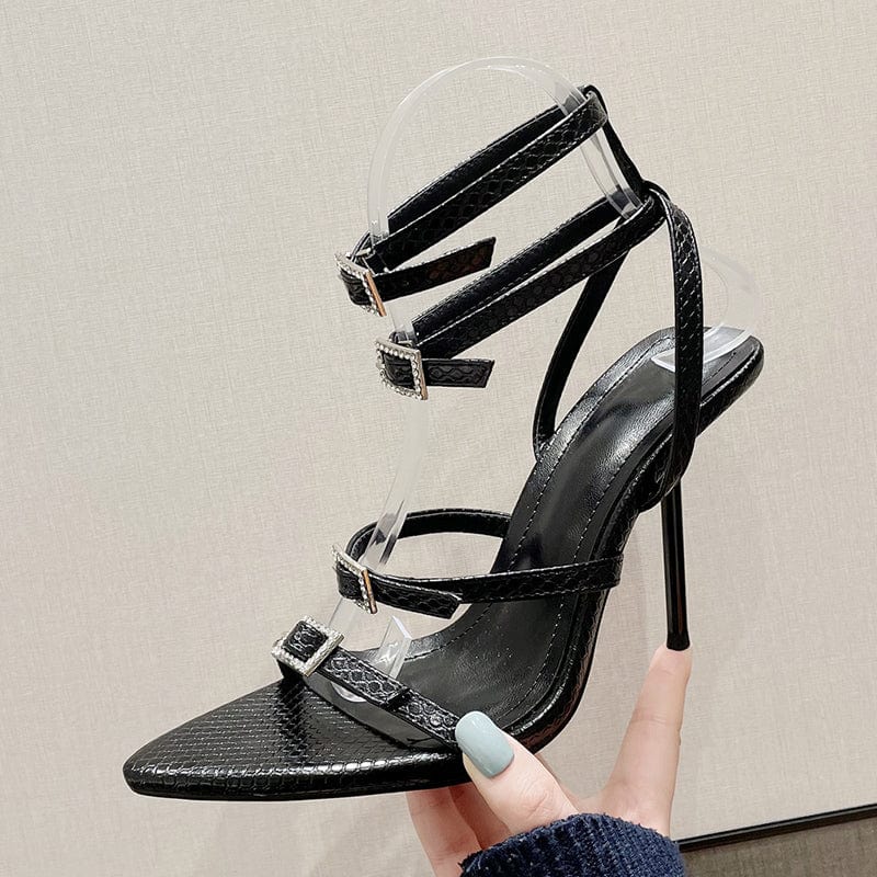 New Fashion Open Toe Thin High Heel 2023 Summer Gladiator Career Sandals Crystal Buckle Decoration Shoes Black Women Sandals