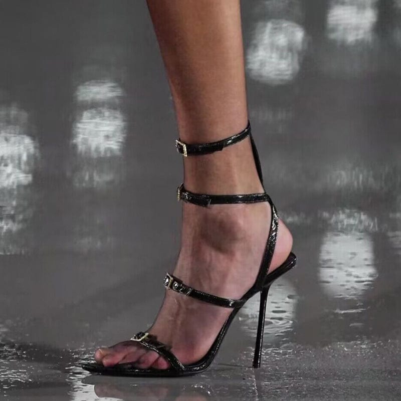 New Fashion Open Toe Thin High Heel 2023 Summer Gladiator Career Sandals Crystal Buckle Decoration Shoes Black Women Sandals