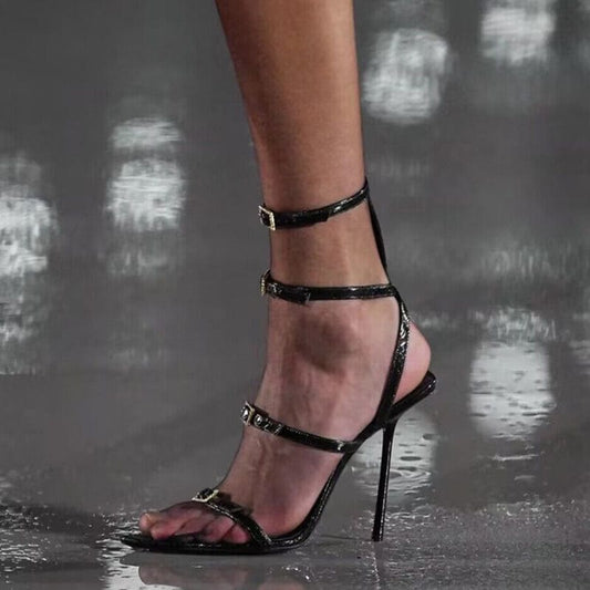 New Fashion Open Toe Thin High Heel 2023 Summer Gladiator Career Sandals Crystal Buckle Decoration Shoes Black Women Sandals
