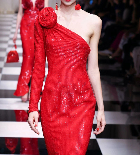 New Fashion Red One Shoulder Dress Beading Sequined Sexy Party Ladies Maxi Dresses