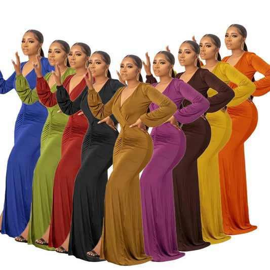 New Fashion Slim Evening Party Dress Women Long Mermaid Dresses Split V-neck Pleated Dress Plus Size