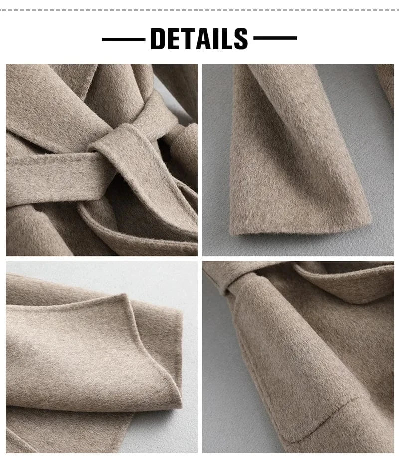 New Fashion Solid Color Cashmere Long Wool Trench Coat Women with Blet