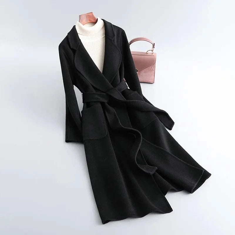 New Fashion Solid Color Cashmere Long Wool Trench Coat Women with Blet