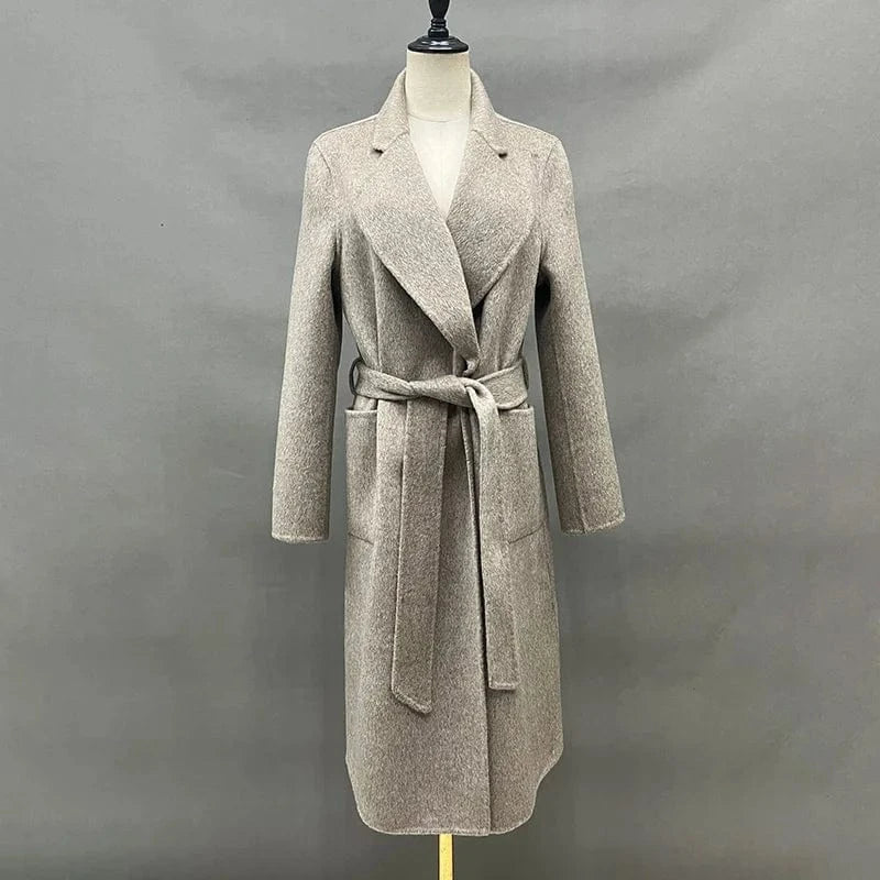 New Fashion Solid Color Cashmere Long Wool Trench Coat Women with Blet