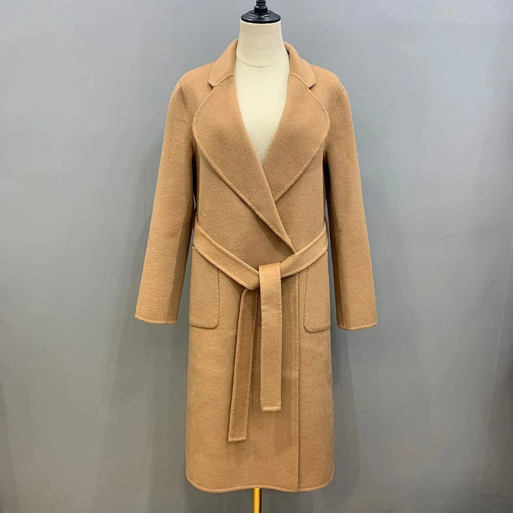 New Fashion Solid Color Cashmere Long Wool Trench Coat Women with Blet