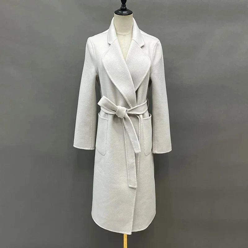 New Fashion Solid Color Cashmere Long Wool Trench Coat Women with Blet