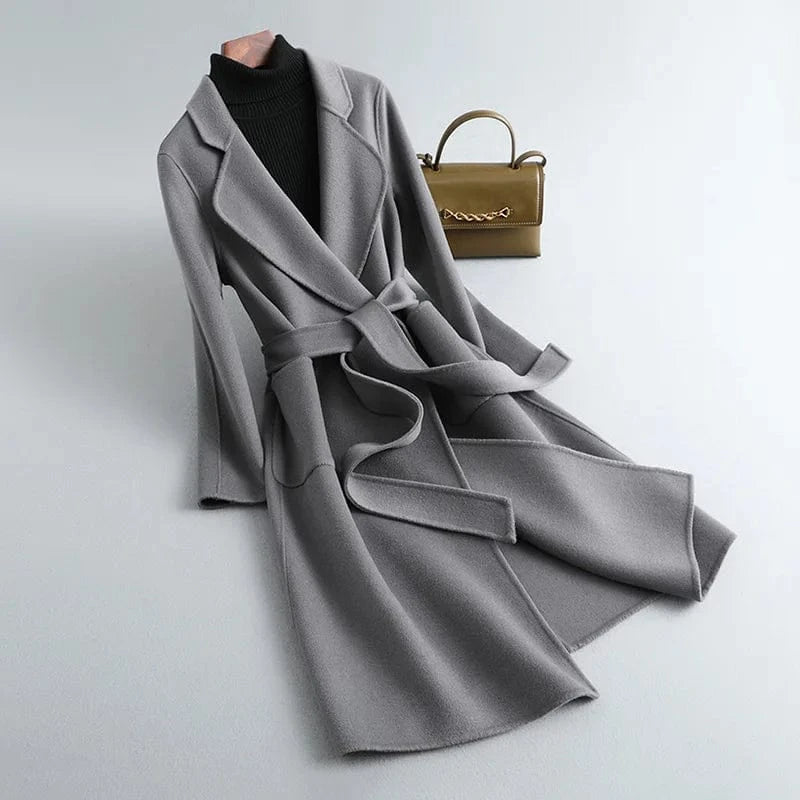 New Fashion Solid Color Cashmere Long Wool Trench Coat Women with Blet