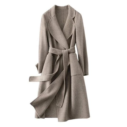 New Fashion Solid Color Cashmere Long Wool Trench Coat Women with Blet