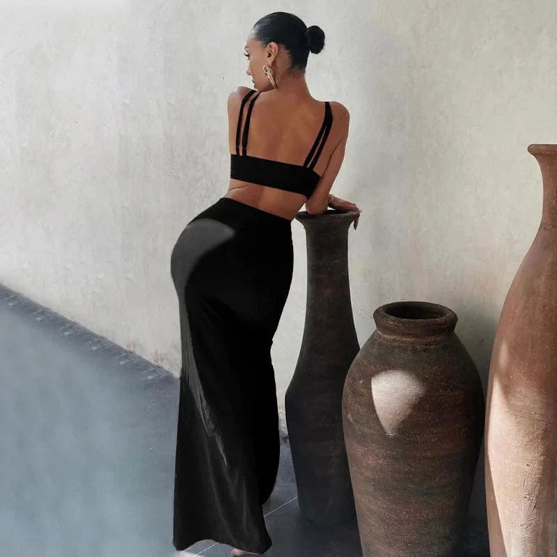 New Fashion Solid Color Sexy High Split Halter Dress