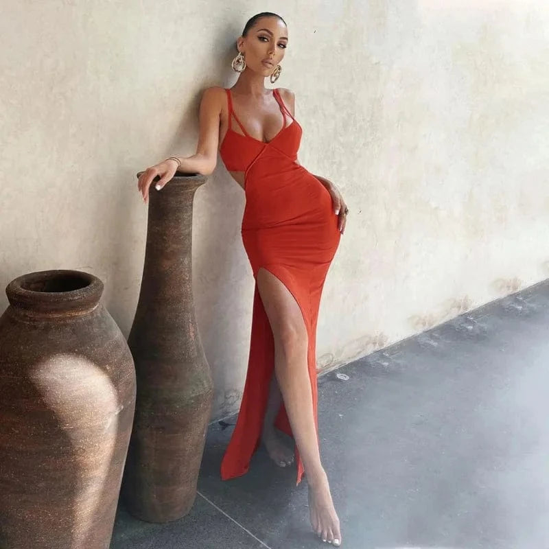 New Fashion Solid Color Sexy High Split Halter Dress