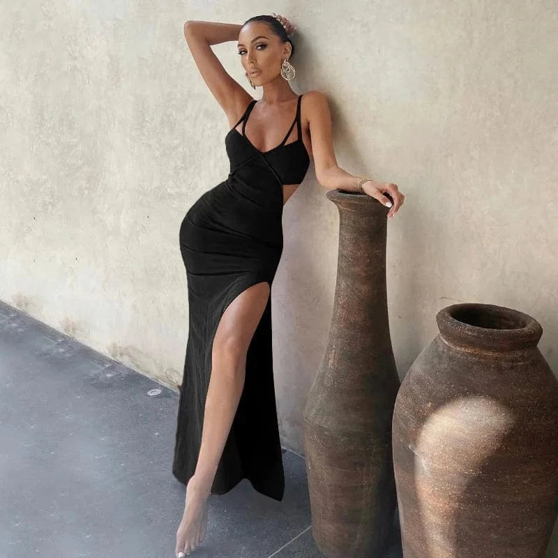 New Fashion Solid Color Sexy High Split Halter Dress