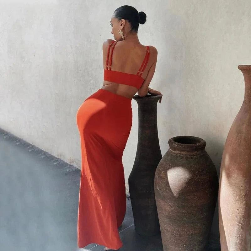 New Fashion Solid Color Sexy High Split Halter Dress