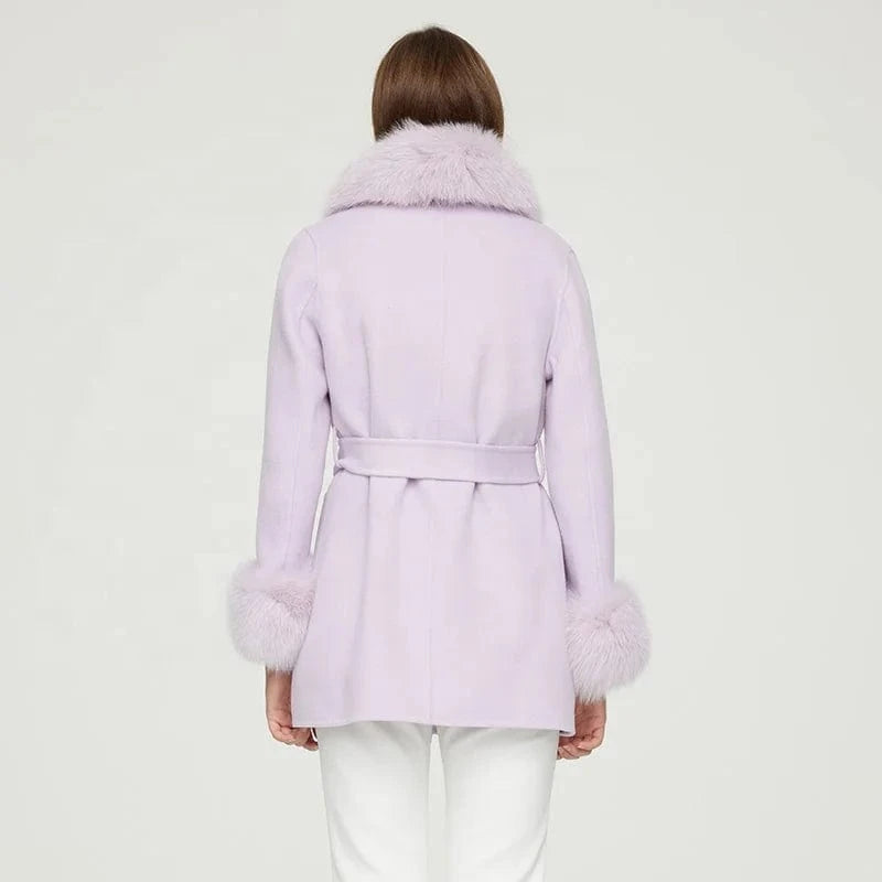 New Fashion Winter Warm Light Purple Long Genuine Cashmere Wool Coat Women with Fox Fur Collar Cuffs