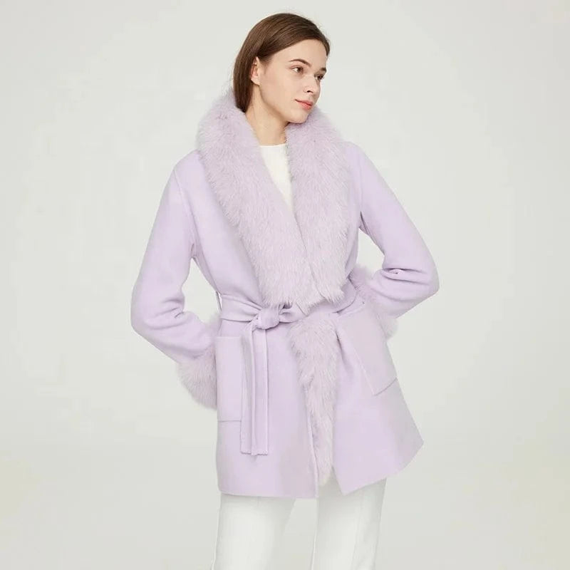 New Fashion Winter Warm Light Purple Long Genuine Cashmere Wool Coat Women with Fox Fur Collar Cuffs