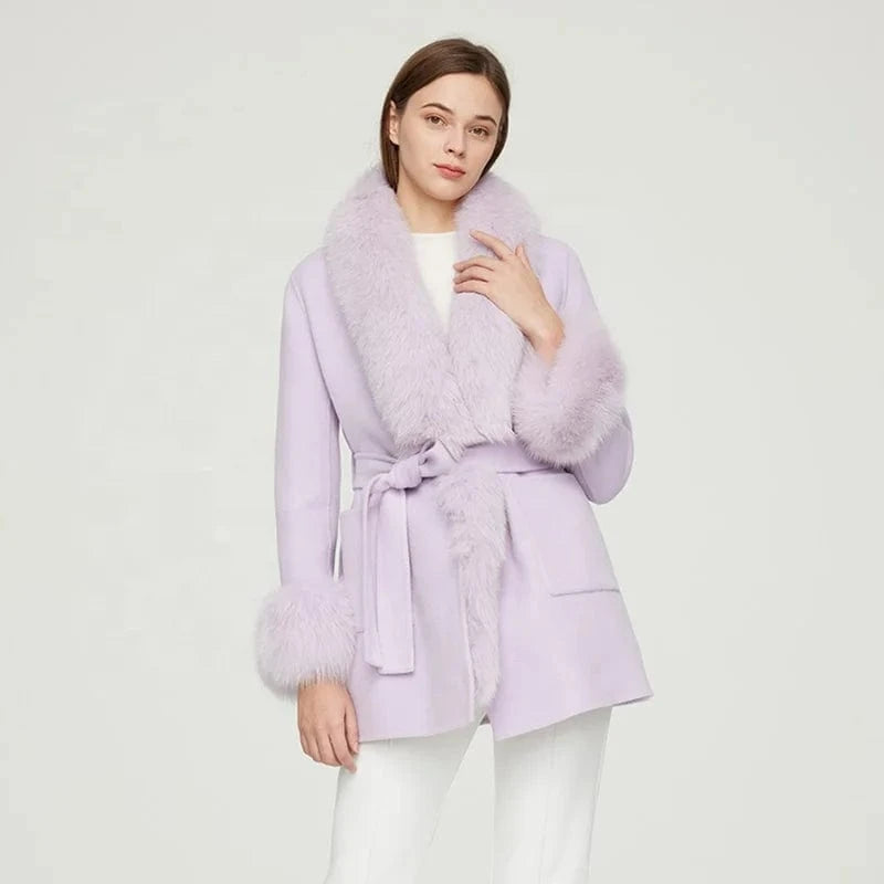 New Fashion Winter Warm Light Purple Long Genuine Cashmere Wool Coat Women with Fox Fur Collar Cuffs