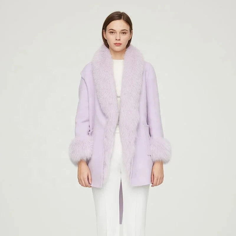 New Fashion Winter Warm Light Purple Long Genuine Cashmere Wool Coat Women with Fox Fur Collar Cuffs