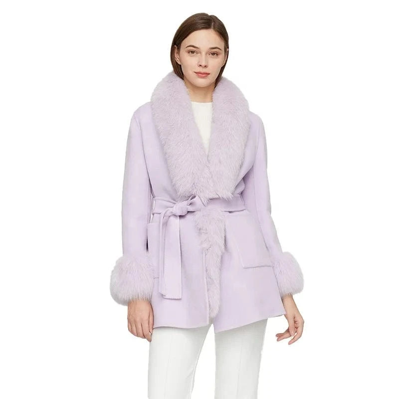 New Fashion Winter Warm Light Purple Long Genuine Cashmere Wool Coat Women with Fox Fur Collar Cuffs