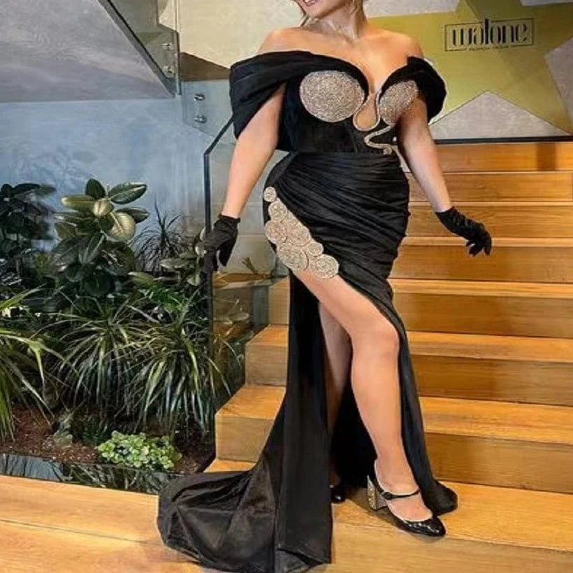 New Fashion Woman Black Elegant Sleeveless Sexy Beading Off-shoulder Prom Party Dresses