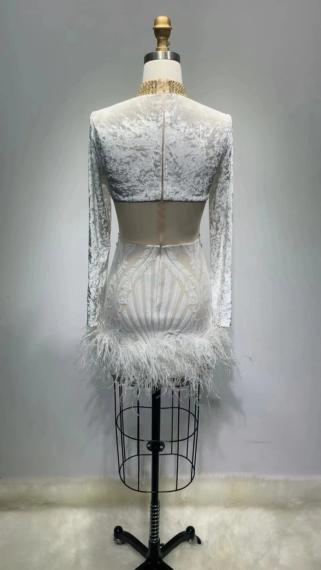 New Fashion Woman Clothes Feathers Sexy Hollow Out Long Sleeves Prom Party Dresses