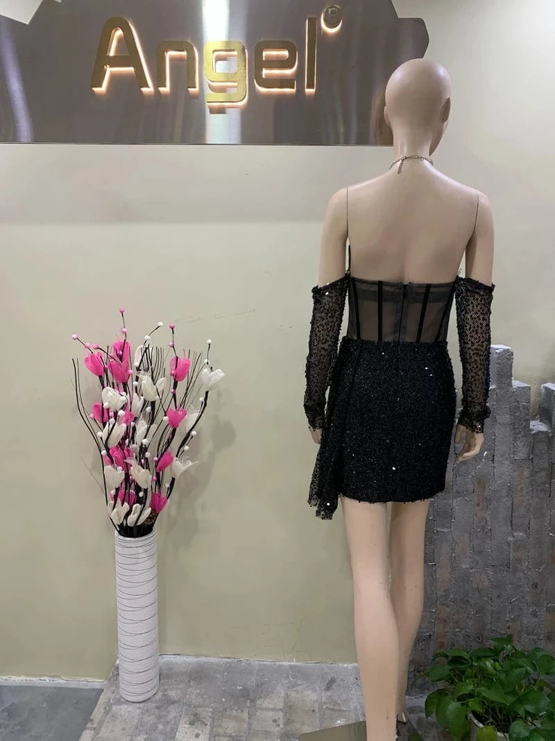 New Fashion Woman's Elegant Sequined Sexy Off Shoulder Slim Prom Party Dresses