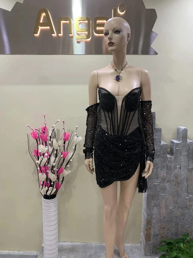 New Fashion Woman's Elegant Sequined Sexy Off Shoulder Slim Prom Party Dresses