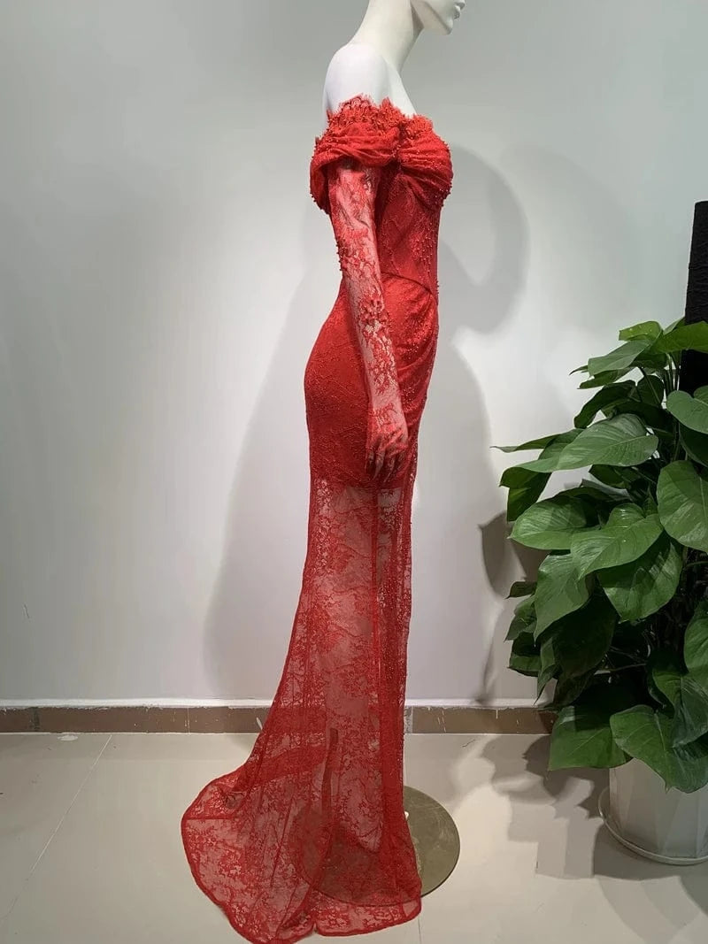 New Fashion Woman's Elegant Sexy Lace Dress High Slit Long Prom Party Runway Dresses