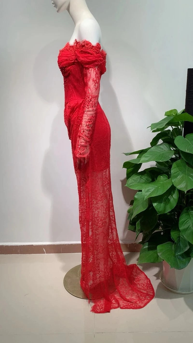 New Fashion Woman's Elegant Sexy Lace Dress High Slit Long Prom Party Runway Dresses