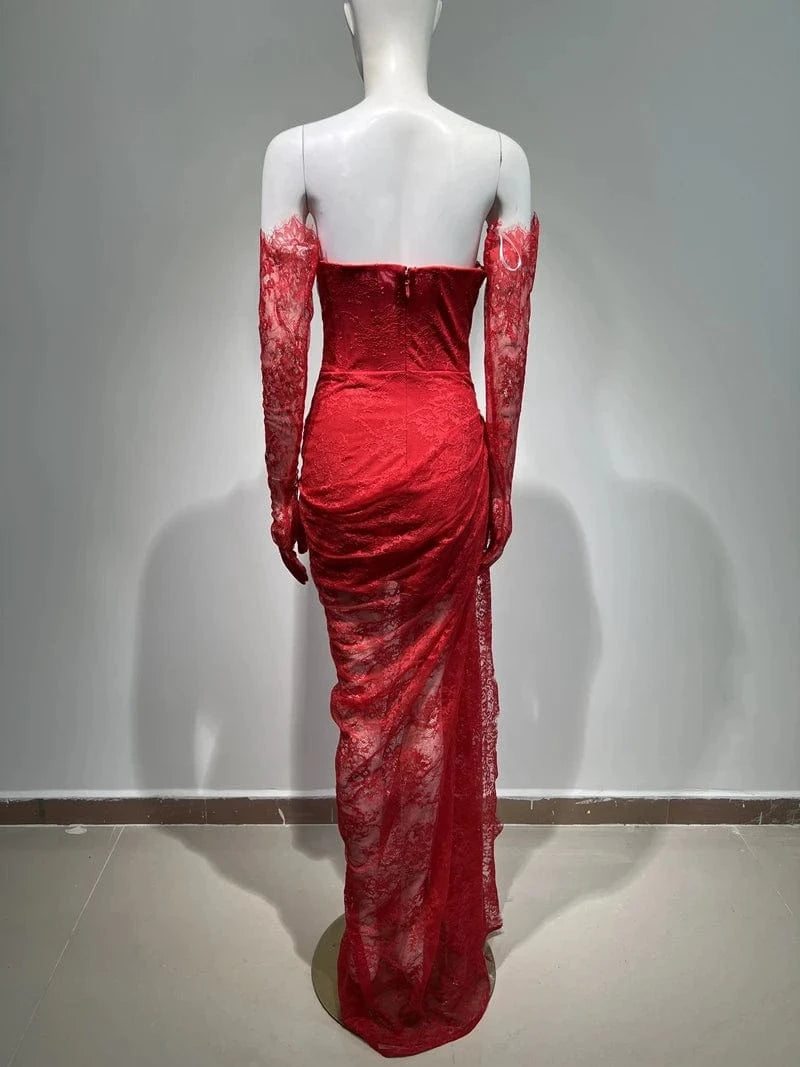 New Fashion Woman's Elegant Sexy Mesh Lace Strapless Long Prom Party Dresses