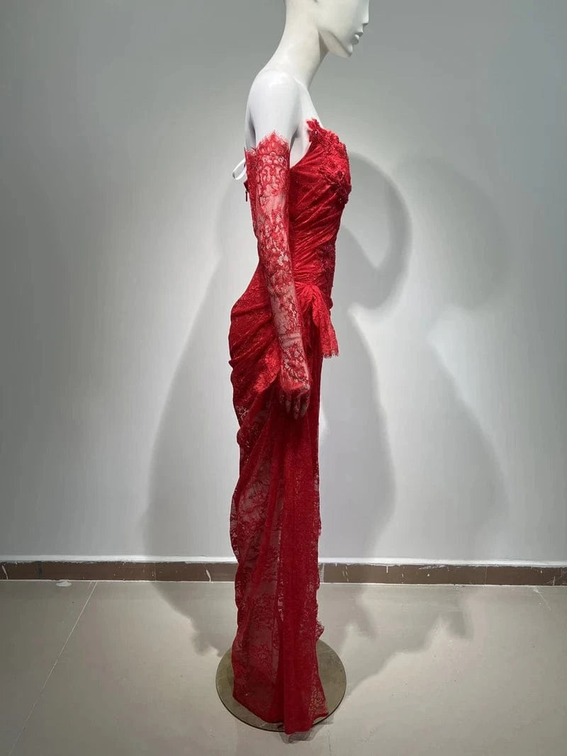 New Fashion Woman's Elegant Sexy Mesh Lace Strapless Long Prom Party Dresses