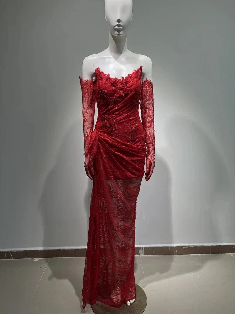 New Fashion Woman's Elegant Sexy Mesh Lace Strapless Long Prom Party Dresses