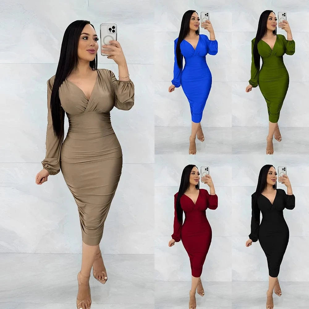 New Fashion Women Europe Sexy Lady Cross V-neck Fashion Pleated Dress Long Sleeve Women's Slim Evening Party Pencil Casual Dress