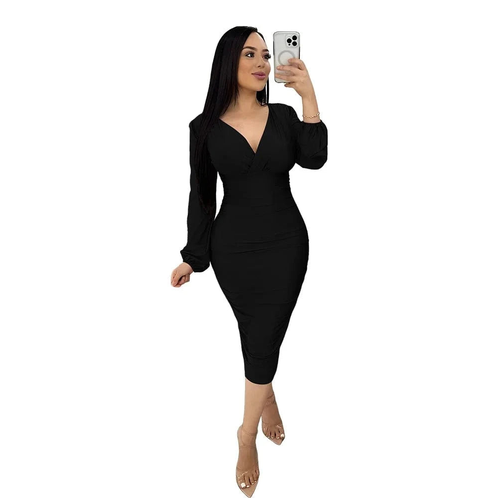 New Fashion Women Europe Sexy Lady Cross V-neck Fashion Pleated Dress Long Sleeve Women's Slim Evening Party Pencil Casual Dress