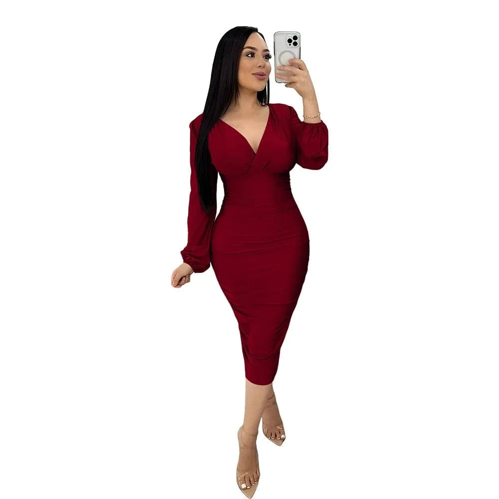 New Fashion Women Europe Sexy Lady Cross V-neck Fashion Pleated Dress Long Sleeve Women's Slim Evening Party Pencil Casual Dress