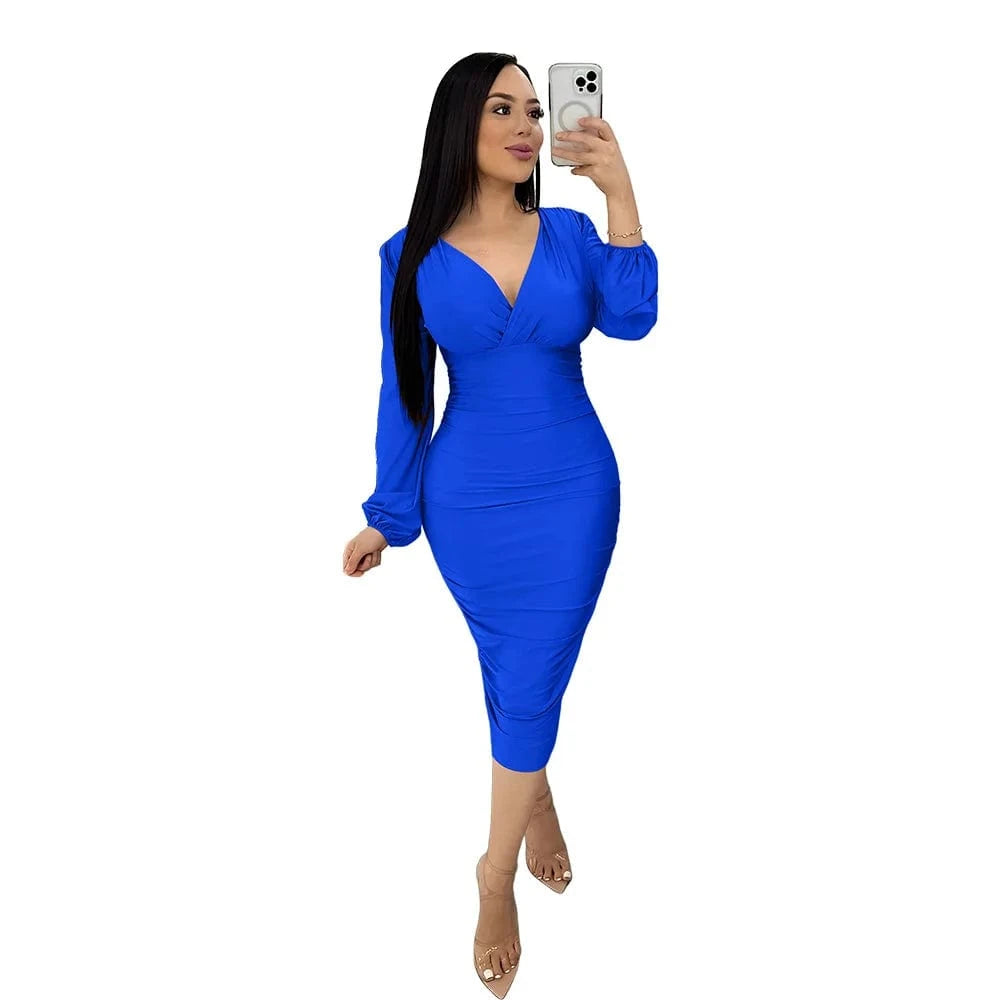 New Fashion Women Europe Sexy Lady Cross V-neck Fashion Pleated Dress Long Sleeve Women's Slim Evening Party Pencil Casual Dress