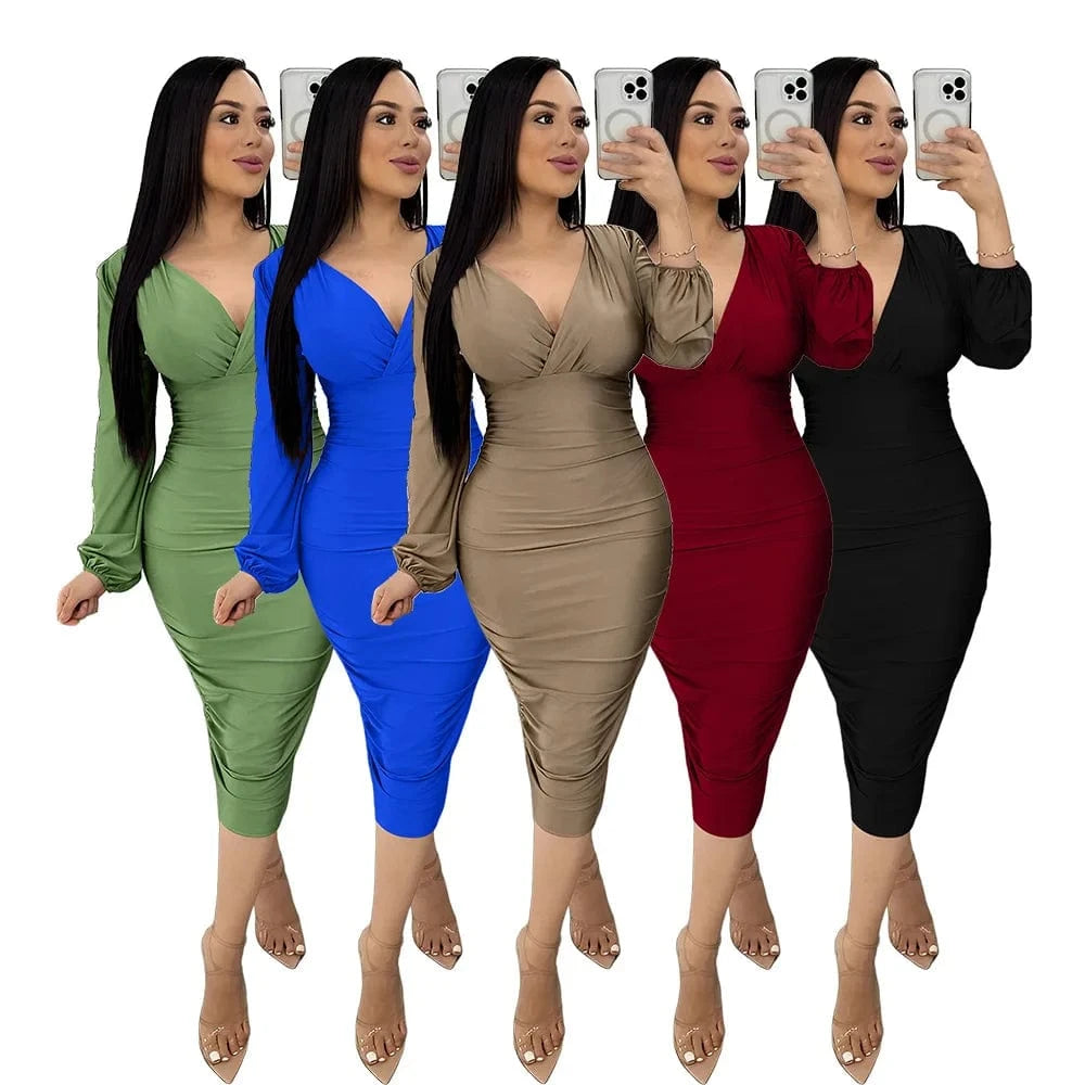 New Fashion Women Europe Sexy Lady Cross V-neck Fashion Pleated Dress Long Sleeve Women's Slim Evening Party Pencil Casual Dress