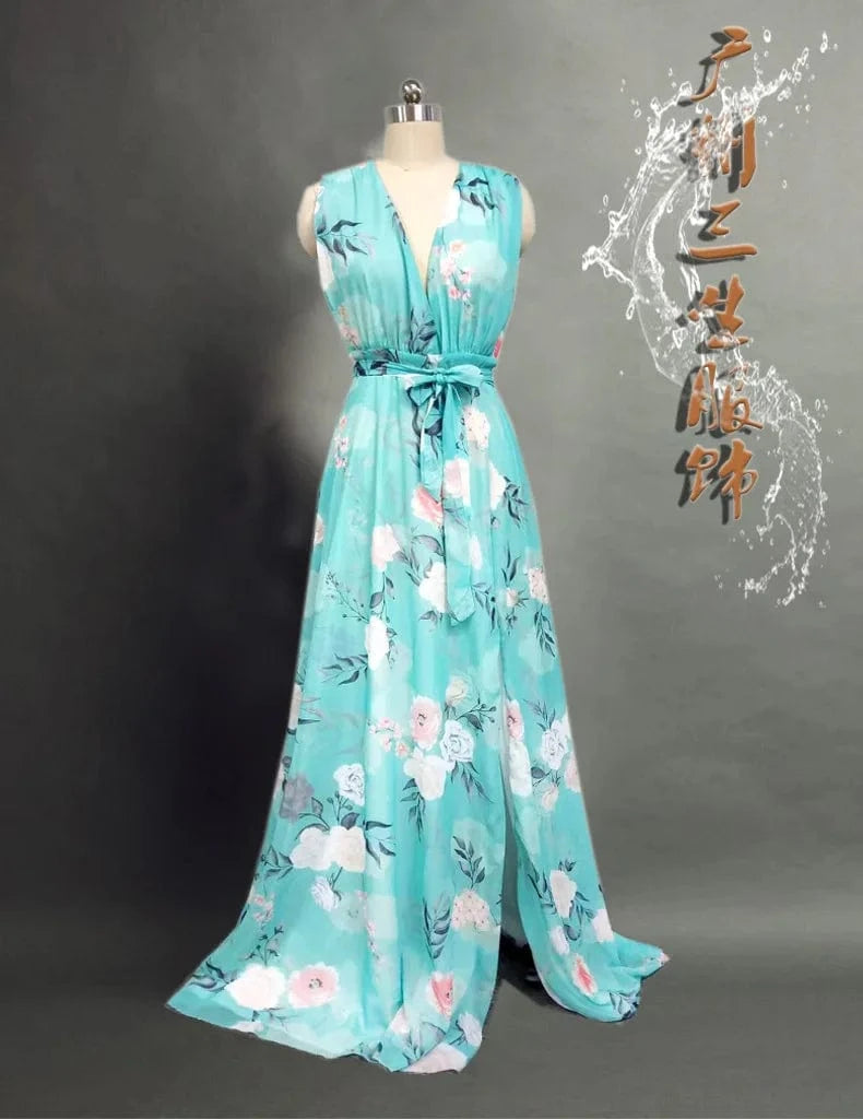 New Fashion Women Lady Summer Off-the-shoulder Backless Printed Chiffon Dress Women's Casual V-neck Sleeveless Dress