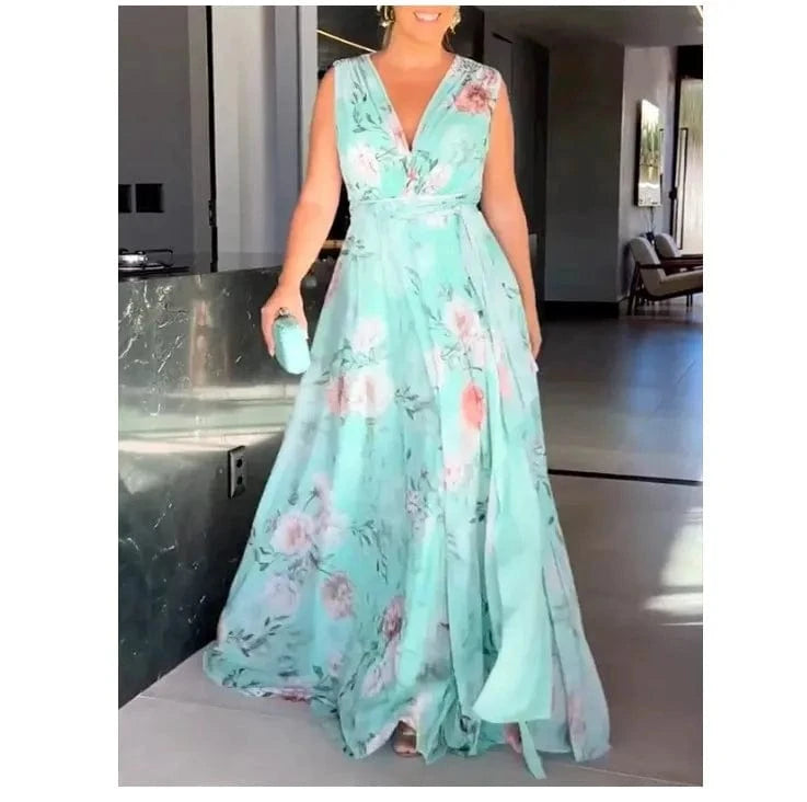 New Fashion Women Lady Summer Off-the-shoulder Backless Printed Chiffon Dress Women's Casual V-neck Sleeveless Dress