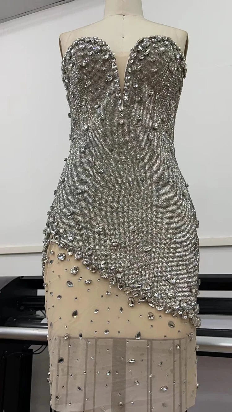 New Fashion women's Diamond Off Neck Strapless Mini Dress Beading Sexy Party Dresses