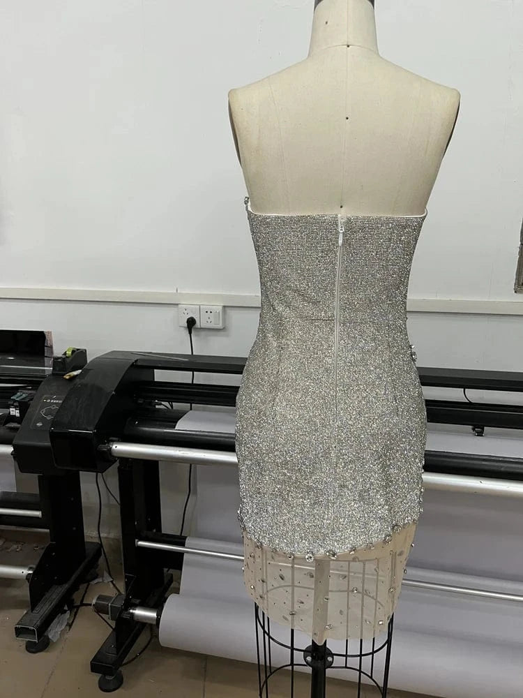 New Fashion women's Diamond Off Neck Strapless Mini Dress Beading Sexy Party Dresses