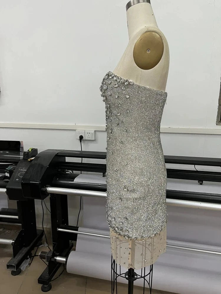 New Fashion women's Diamond Off Neck Strapless Mini Dress Beading Sexy Party Dresses