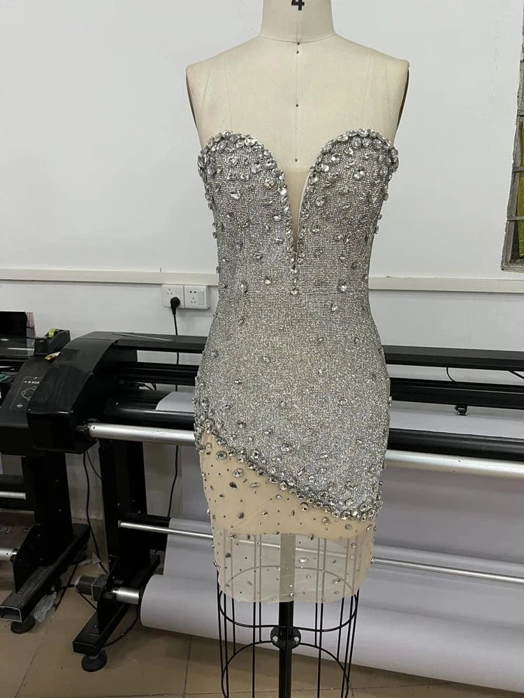 New Fashion women's Diamond Off Neck Strapless Mini Dress Beading Sexy Party Dresses