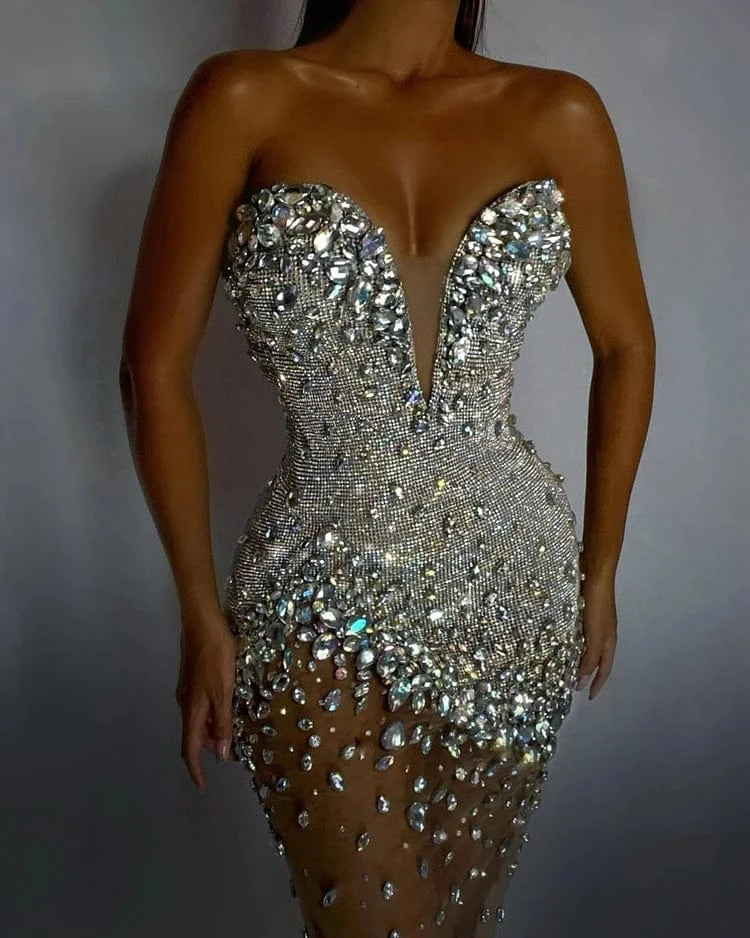 New Fashion women's Diamond Off Neck Strapless Mini Dress Beading Sexy Party Dresses