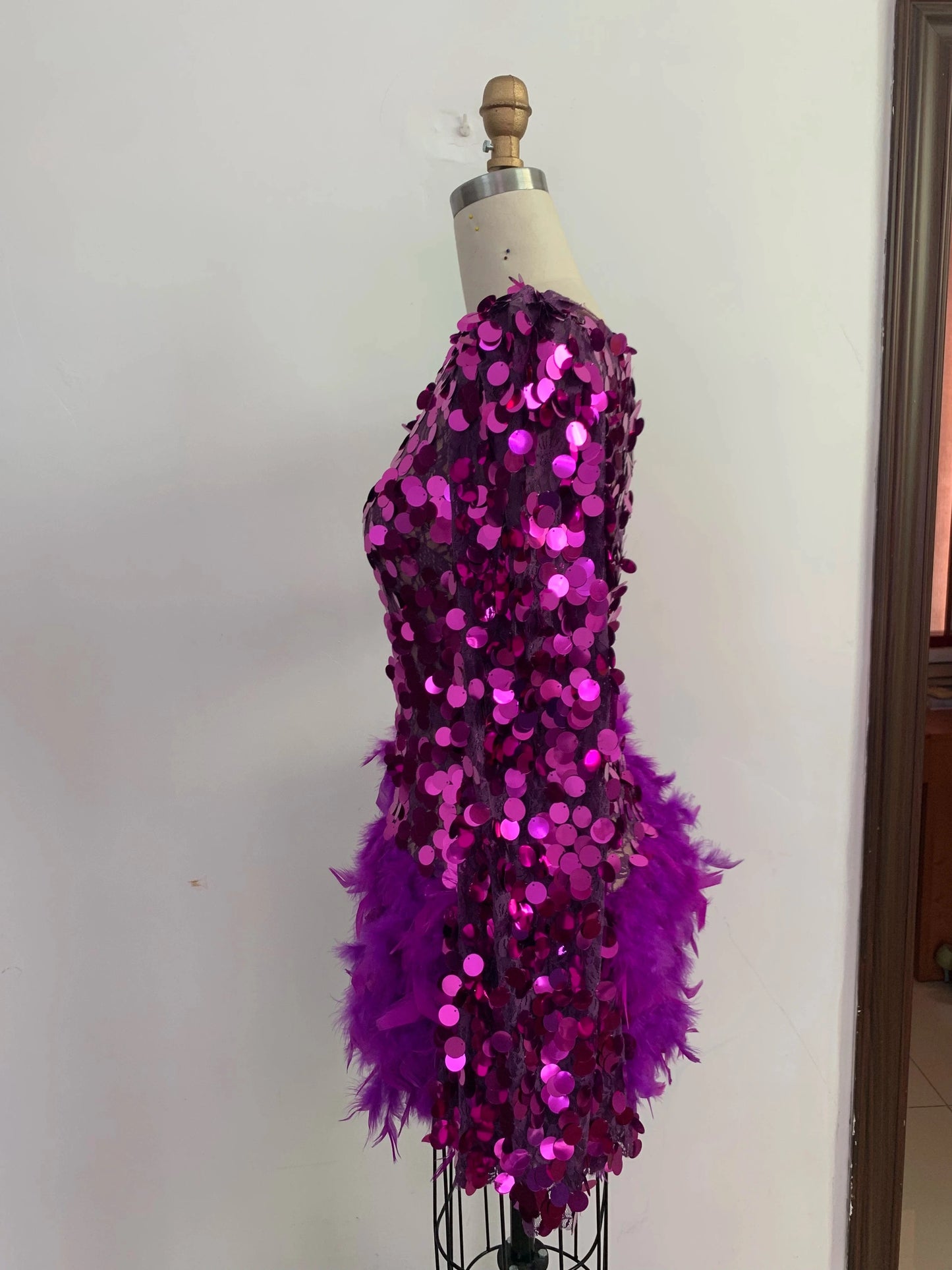 New Fashion women's Fuchsia One Shoulder Feathers Mini Dress Sequins Sexy Party Evening Dresses