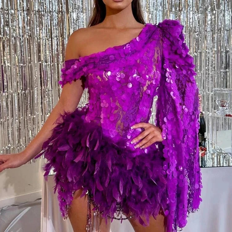 New Fashion women's Fuchsia One Shoulder Feathers Mini Dress Sequins Sexy Party Evening Dresses