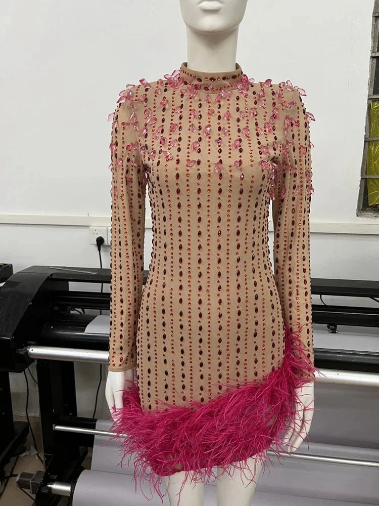 New Fashion women's Rayon Long Sleeve Mini Dress Beading Sexy Party Evening Dresses