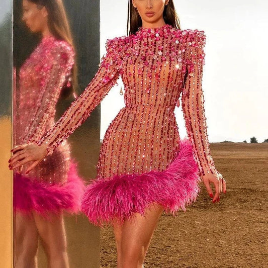 New Fashion women's Rayon Long Sleeve Mini Dress Beading Sexy Party Evening Dresses