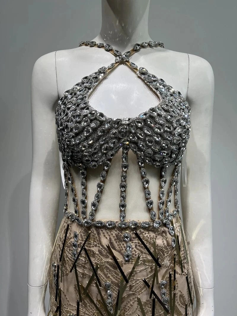New Fashion women's Rhinestone Tassel Decoration Mini Dress Hand Beading Runway Party Dresses