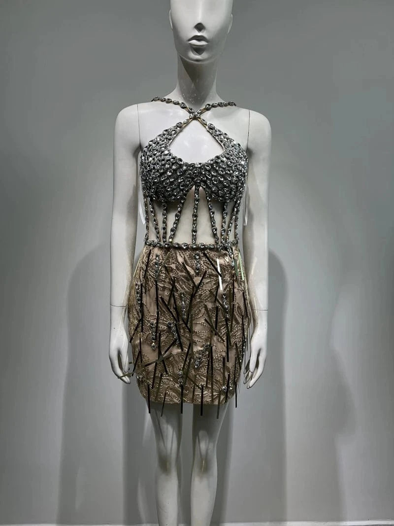 New Fashion women's Rhinestone Tassel Decoration Mini Dress Hand Beading Runway Party Dresses