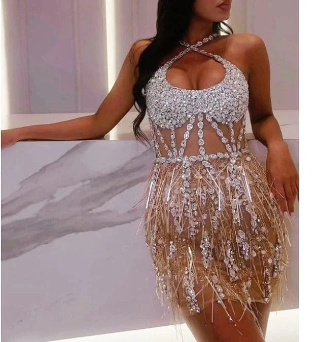 New Fashion women's Rhinestone Tassel Decoration Mini Dress Hand Beading Runway Party Dresses